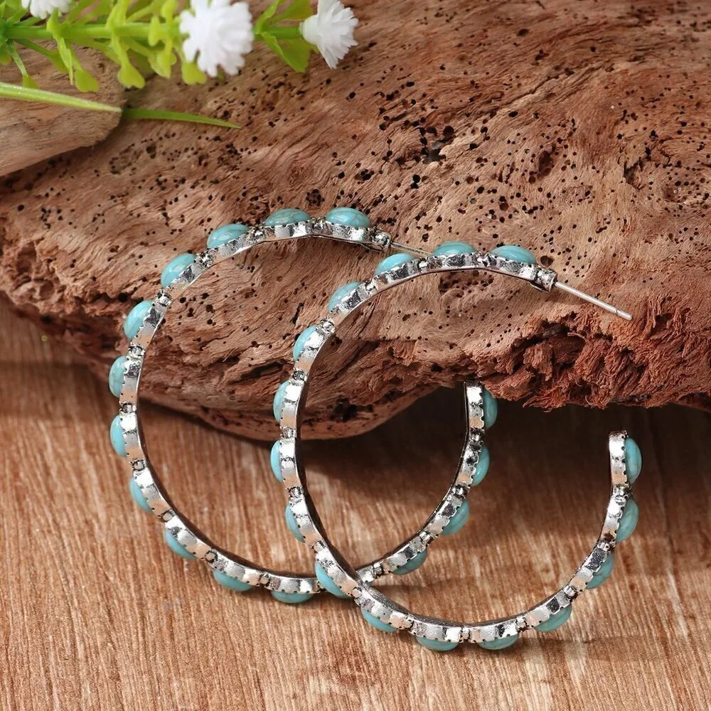 Multicolor Vacation Women's faux Turquoise Decor Open Hoop Earrings